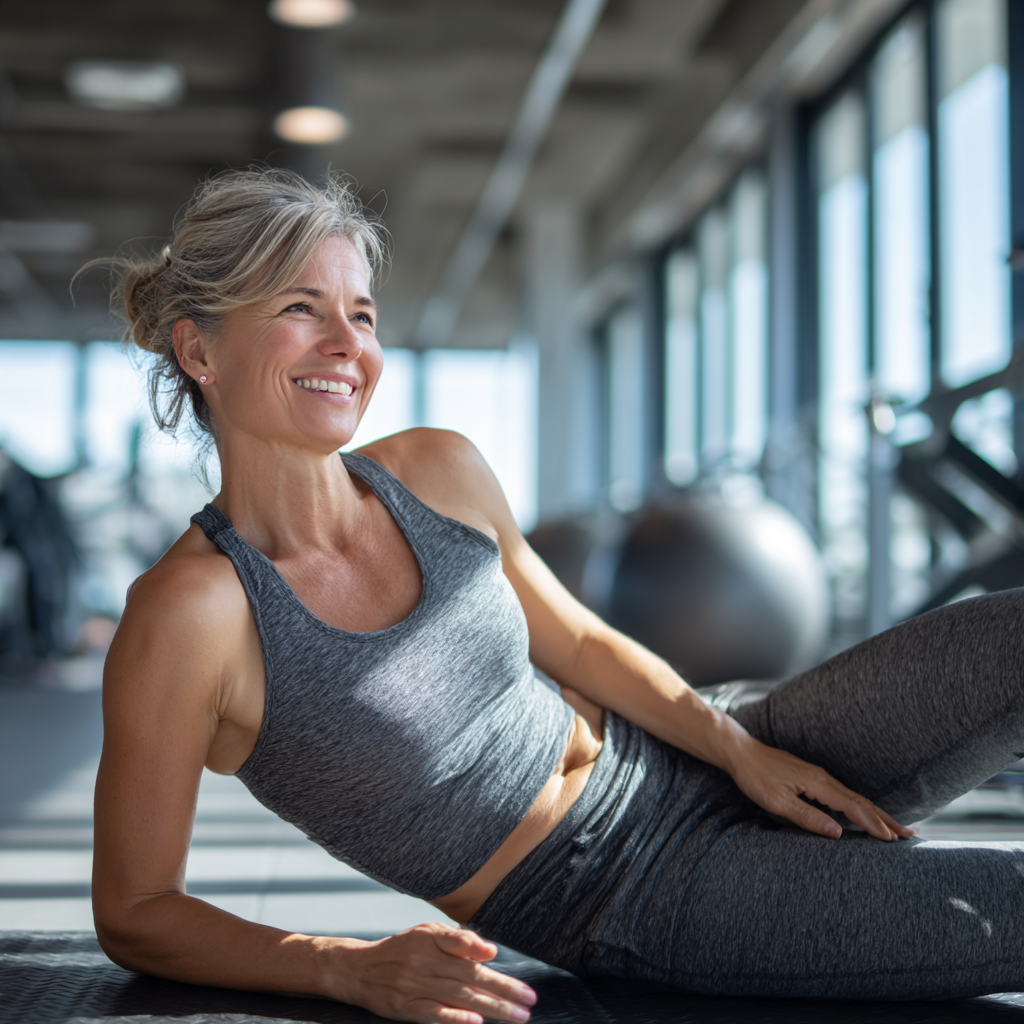 Professional Ukrainian woman in her 40s taking a movement break at her office desk, stretching with a smile while maintaining good posture